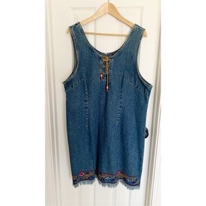 Bongo vintage Y2K 90s embroidered boho leather beaded denim pinafore mini dress
